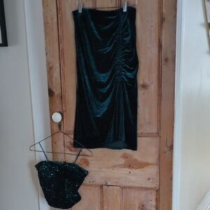 Laundry By Shelli Segal Dark Green Velvet Ruched Midi Skirt